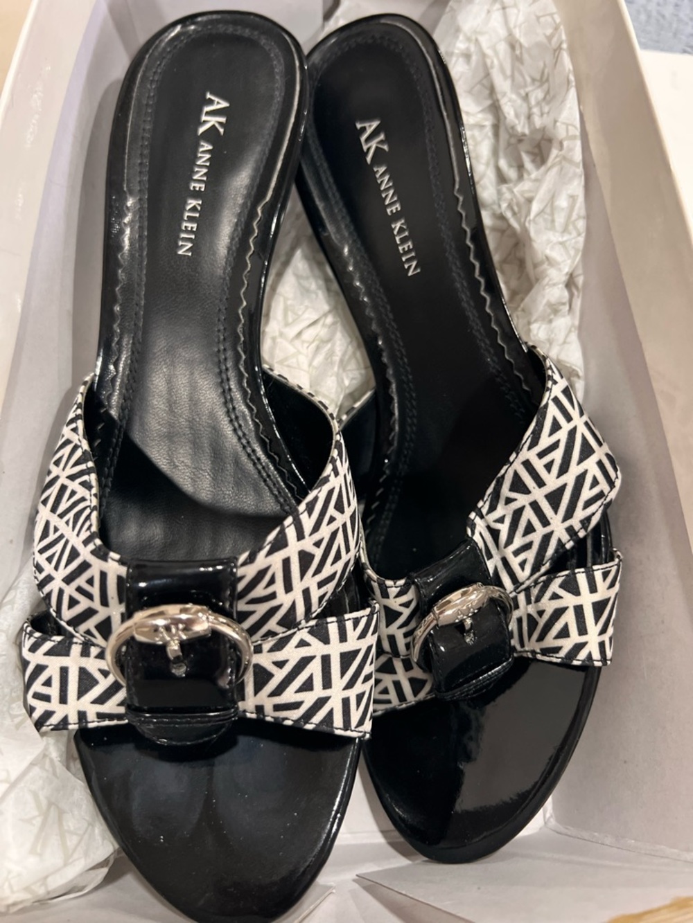 Anne Klein Black and White Geometric Buckle Slide Mules